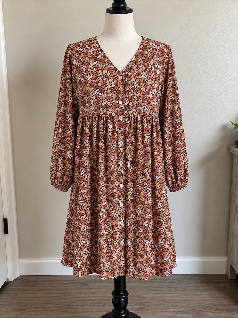 Flawless Babydoll Dress Women L Boho Floral Fall Colors Long Sleeve Button Front